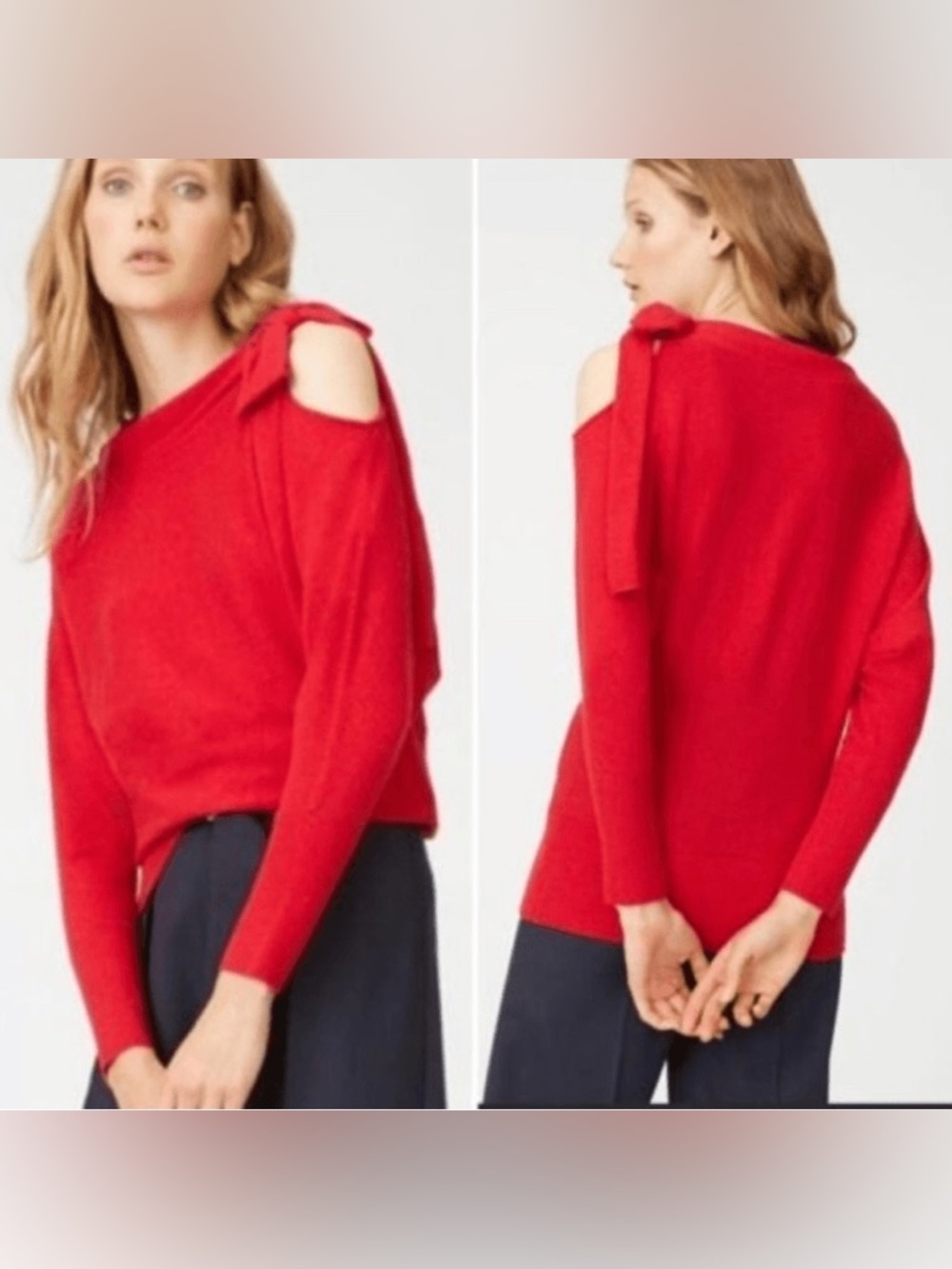 Club Monaco Cashmere Lambswool Red Off-Shoulder Tie-Detail Sweater - Picture 6 of 7